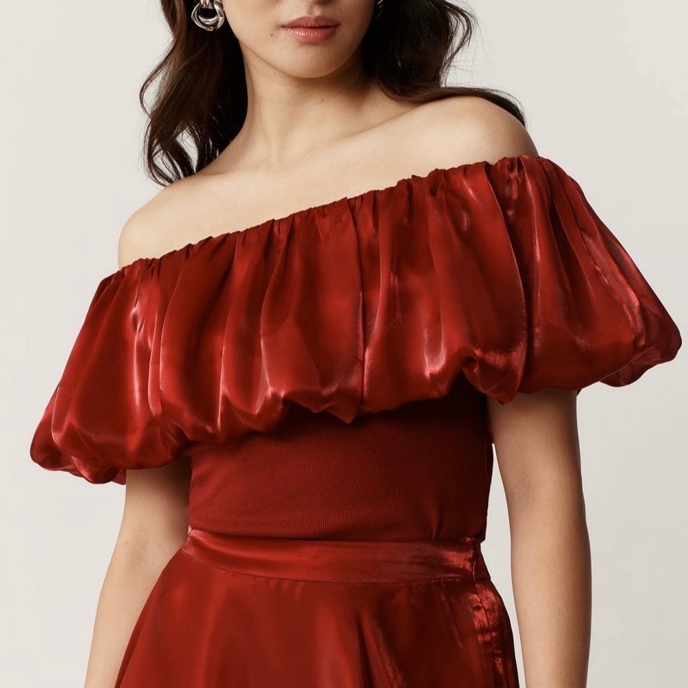 Blank London Off Shoulder Ribbed Top Wine Red Puff Ruffle XXS New
